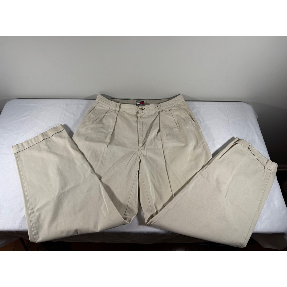 Tommy Hilfiger Mens Pleated Chino Pants Khaki Tan Cotton Cuffed 35x30 Vintage